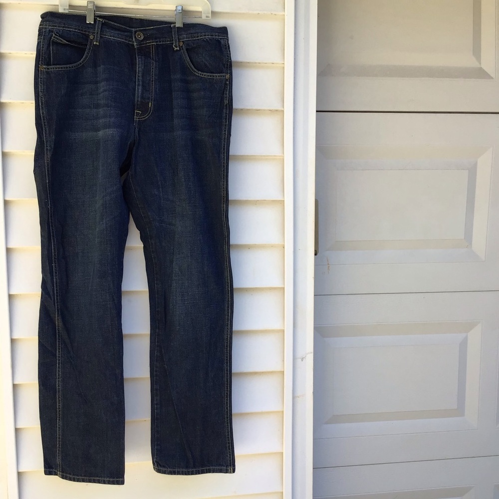 Artistic Denim Jeans Mens 36x32 Regular Fit Blue Dark Wash 5 Pockets Whiskering